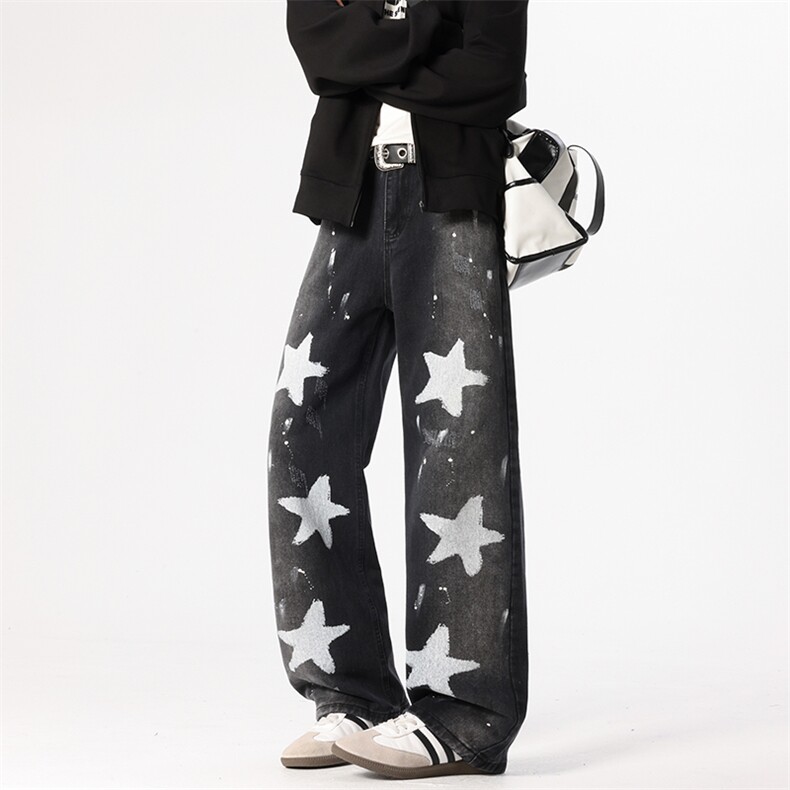 B221美式ins高街暗黑五角星宽松直筒牛仔裤LK25583-特P45控78，男装牛仔裤，电商B221