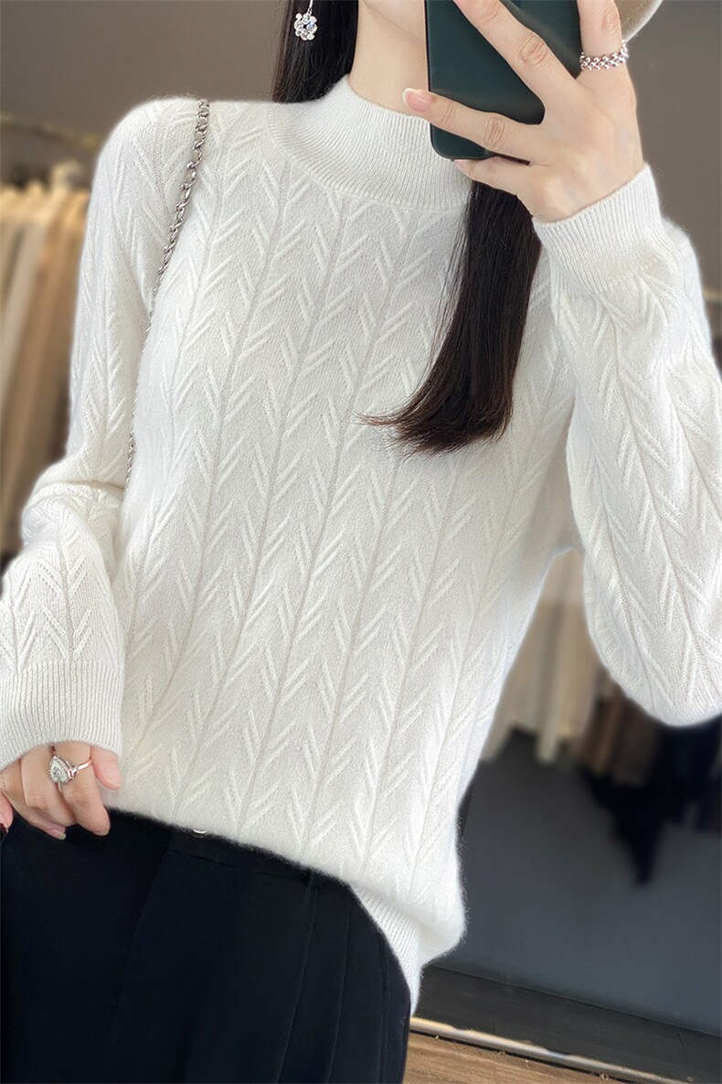 秋冬新款半高领提花100%纯羊毛衫女纯色长袖毛衣宽松羊绒衫打底衫,女装羊毛衫,鸿陌羊绒