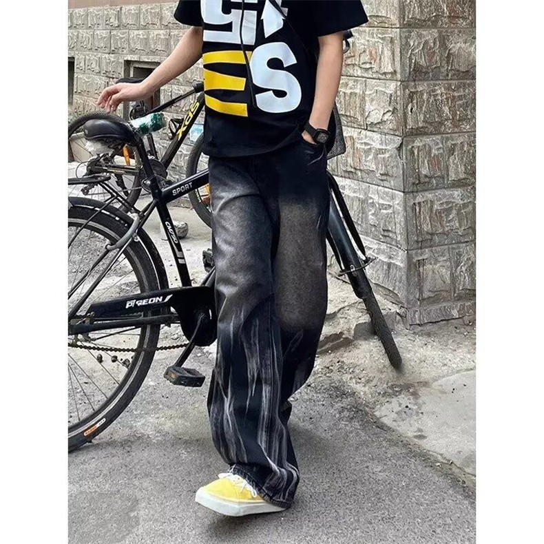 美式直筒水洗扎染牛仔裤秋季潮束脚纯色常规青少年运动裤宽松型,男装牛仔裤,星座506A