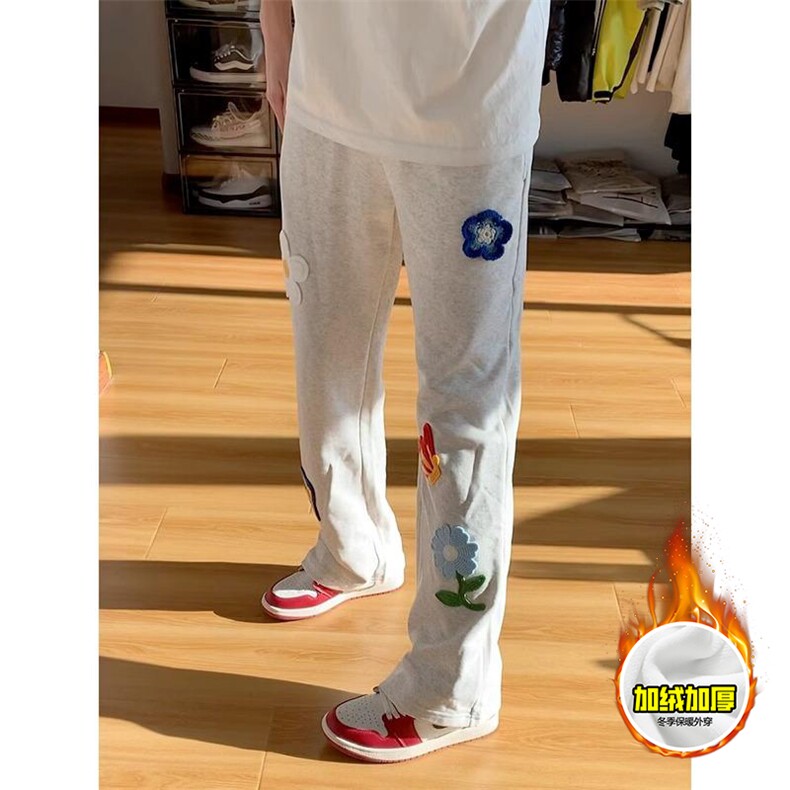抖音得物高品质秋冬季重磅花卉刺绣潮流运动宽松加绒直筒休闲卫裤，男装休闲裤，电商A486
