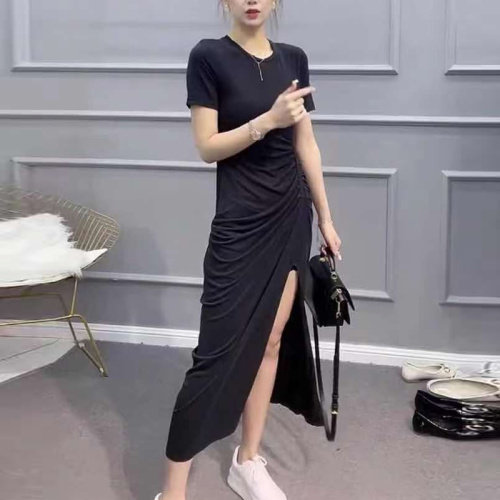 2021夏季新款黑色开叉连衣裙韩版皱褶修身显瘦圆领短袖过膝长裙女，女装连衣裙，潮品会