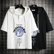 LD54160-P45连帽短袖t恤男大码胖子带帽五分袖中袖网格挂拍，男装T恤，电商A040A