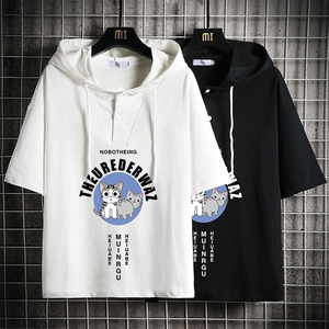 LD54160-P45 连帽短袖t恤男大码胖子带帽五分袖中袖 网格挂拍图片