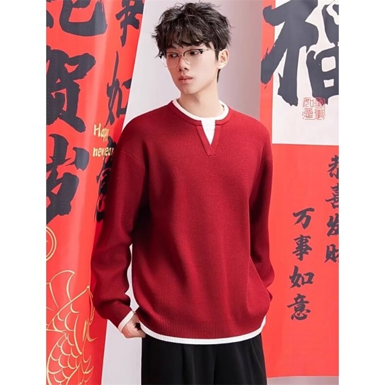 网图76323-特P65新年红色假两件V领毛线衣男本命年内搭针织衫,男装针织衫/毛衣,电商D310B