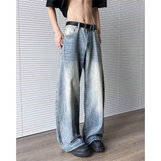 高街扎染竹节纹阔腿牛仔裤男cleanfit弯刀水洗休闲美式拖地微喇裤，男装牛仔裤，星座410-7