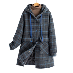 水衣源860款中长连帽格子毛呢加厚羽绒服（帽不可拆）（90绒）图片