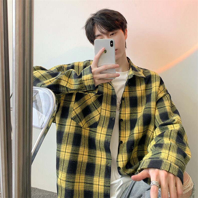 衬衫男秋季新款港风宽松大码磨毛格子长袖衬衣CS6638-特P29，男装衬衫，星座214-3