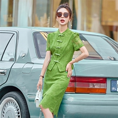 改良旗袍蕾丝连衣裙女装2024夏季新款高端气质年轻款新中式两件套，女装套装/套裙，布依丽人