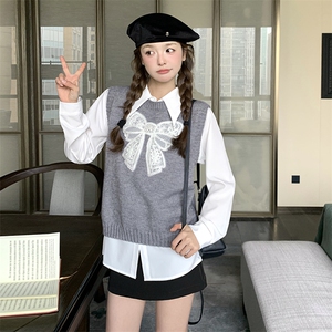 灰色蝴蝶结针织马甲套装2025新款女春季学院风气质衬衫马夹两件套图片