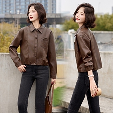 皮衣女短款皮外套修身显瘦皮夹克时髦洋气皮褂翻领口袋皮衣小外套，女装皮衣，潮流依族