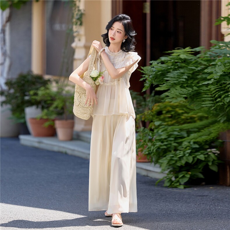 超仙时尚雪纺无袖木耳边套装女2026夏新款半透减龄阔腿裙裤两件套,女装套装/套裙,水衣源
