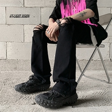 纯黑色破洞牛仔裤男款美式高街vibe风裤子提档痞帅微喇修身直筒裤，男装牛仔裤，电商B221