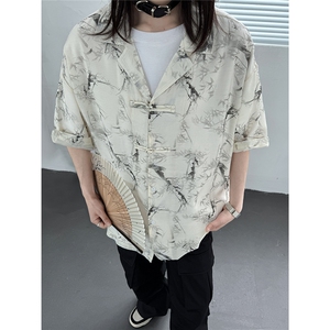 新中式中性盘口提花冰丝垂感短袖衬衫男女情侣衬衣薄外套S311P48图片