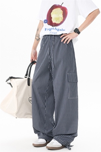 8XL-M 复古蓝色格子裤男垂感拖地遛弯裤直筒冰丝阔腿裤 K9129P58图片
