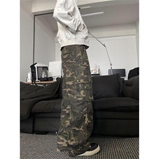 K843-特P58秋冬男女同款迷彩工装裤复古水洗宽松直筒拖地裤，男装工装外套，电商B327