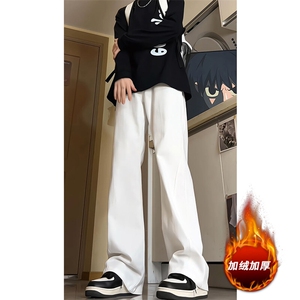拼接牛仔裤男款冬季加绒加厚裤子加长美式高街直筒微喇裤KZ002P55