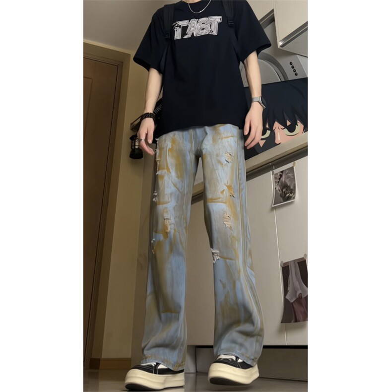 泥染做旧牛仔裤男破洞水洗dirtyfit宽松阔腿裤潮牌直筒裤GJ349P55,男装牛仔裤,电商D256A(原A064A)