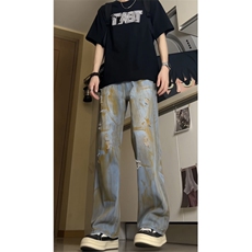 泥染做旧牛仔裤男破洞水洗dirtyfit宽松阔腿裤潮牌直筒裤GJ349P55，男装牛仔裤，电商D256A(原A064A)
