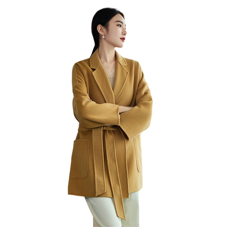 时尚百搭羊毛女士双面呢外套优雅显瘦秋冬季新款大衣,女装双面呢大衣,岳达羊绒