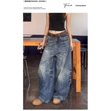 潮美式复古宽松水洗弯刀牛仔裤女阔腿拖地高街cleanfit长裤，男装牛仔裤，星座506A