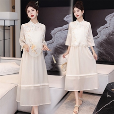 新中式国风刺绣套装裙女2024夏季新款五分袖改良旗袍半身裙两件套，女装套装/套裙，润尚靓点