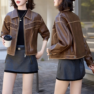 翻领皮衣外套女2024春秋季新款小个子宽松显瘦超好看pu皮夹克上衣,女装皮衣,跑量工厂店