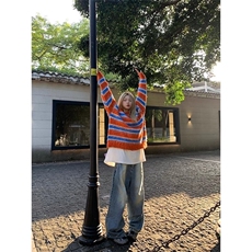 美式多巴胺撞色针织衫男女宽松休闲慵懒风套头毛衣MY125-P59，男装针织衫/毛衣，星座208-5