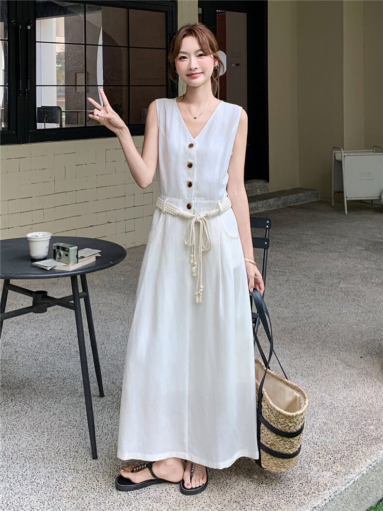 韩系简约白色无袖连衣裙2025夏季新款超好看高级感气质显瘦长裙女,女装连衣裙,尚娜萱