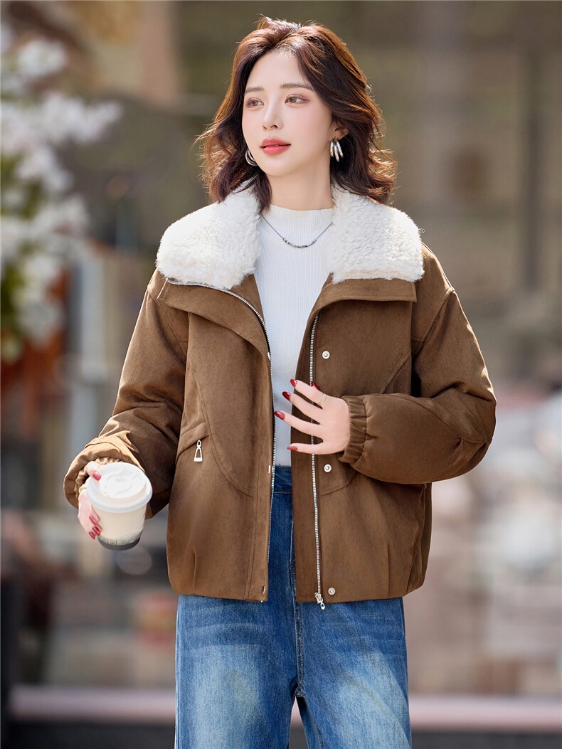 羊羔毛翻领夹棉加厚鹿皮绒外套女2025冬季新款休闲宽松超好看棉衣,女装短外套,印象茜