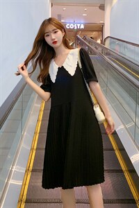 雪纺连衣裙2021新款夏季中长款百褶裙黑色韩版减龄连衣裙女图片
