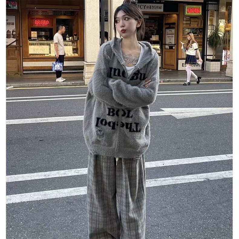 美式复古高街破洞连帽针织衫毛衣外套字母拉链款MY006-P60,男装针织衫/毛衣,星座1001-1