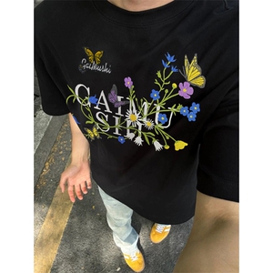 网图有货 美式原创刺绣重磅花卉短袖t恤男纯棉情侣半袖女A327-P35图片