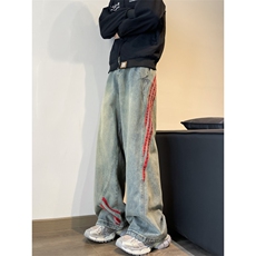 美式街头水洗条纹牛仔裤男宽松欧美高街vibe风长裤子NZ144-P50，男装牛仔裤，星座308B-2