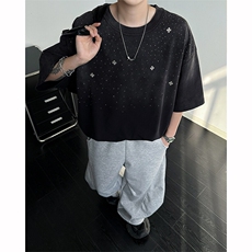 8XL-M满天星轻奢烫钻宽松版落肩纯棉短袖T恤新款夏百搭上衣DX337，男装T恤，电商D206-1