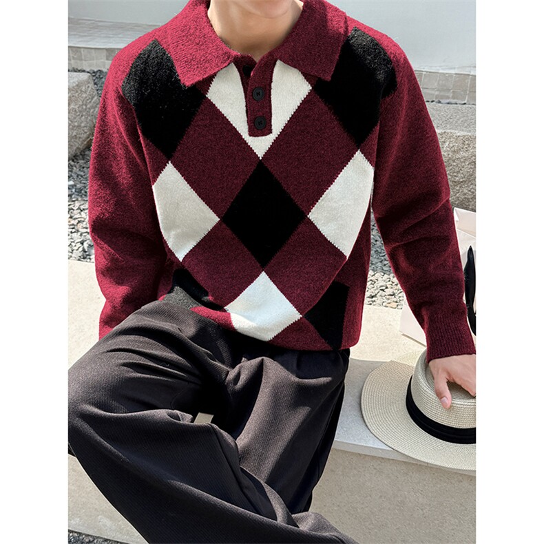 A135-2523美式复古撞色格子毛衣高品质三色可选P88控129，男装针织衫/毛衣，电商A135（原星座819）