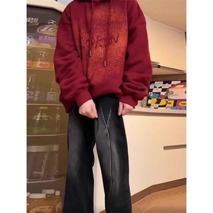 美式高街vibe裤子提档版型黑灰色渐变牛仔裤男直筒修身工装微喇裤图片