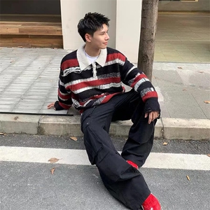 秋冬美式复古慵懒条纹做旧磨烂流苏针织衫翻领毛衣图片