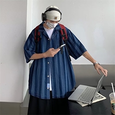 牛仔衬衫男韩版潮流条纹撞色高街帅2026夏季ins短袖外套CY214-P60，男装T恤，星座412