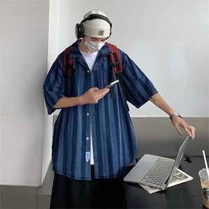 牛仔衬衫男韩版潮流条纹撞色高街帅2026夏季ins短袖外套CY214-P60图片