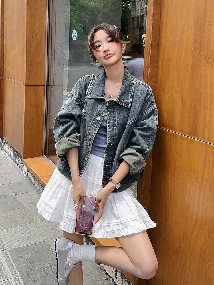 港风复古牛仔外套女2025春季新款高级感设计感宽松减龄小个子夹克图片