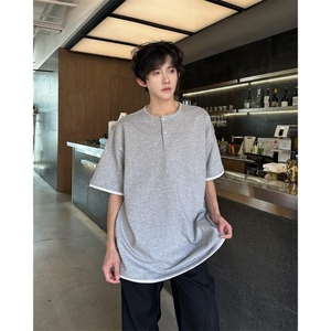花灰色假两件亨利领t恤男款夏季重磅短袖cleanfit美式复古五分袖图片