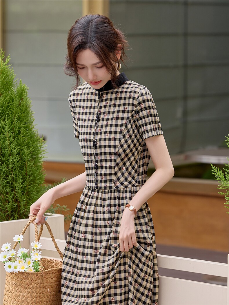 弹力面料学院风格纹连衣裙女春夏收腰显瘦中长裙格子裙子,女装连衣裙,水衣源