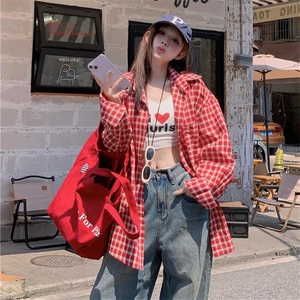 夏日韩版格子衬衫女宽松男友风衬衣宽松显瘦防晒开衫垂感外套图片