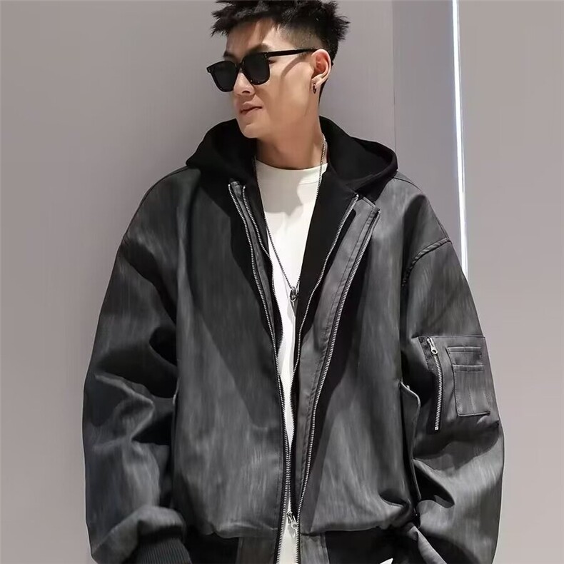 JK8539-P77高级黑灰色纹理拉链连帽假两件皮夹克男款街头宽松,男装夹克,电商B323A