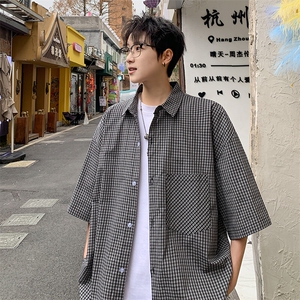 格子短袖衬衫男夏季新款港风宽松纯棉衬衣DX101-P35图片