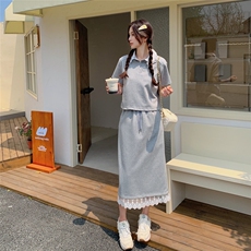 设计感蕾丝拼接T恤套装裙女2025夏季新款高级感休闲半身裙两件套，女装套装/套裙，2C135