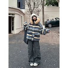 美式潮牌毛领加厚棉服可拆卸毛领蓝色2025冬季cleanfit保暖棉衣，男装棉衣，星座506A