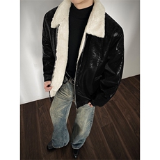 蛇纹亮面棉服加厚毛领复古休闲夹克皮衣男D51221-TP80158，男装夹克，电商A102