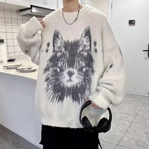 水貂绒毛衣男秋冬季美式慵懒风毛绒针织衫宽松情侣款 M5671 P68图片