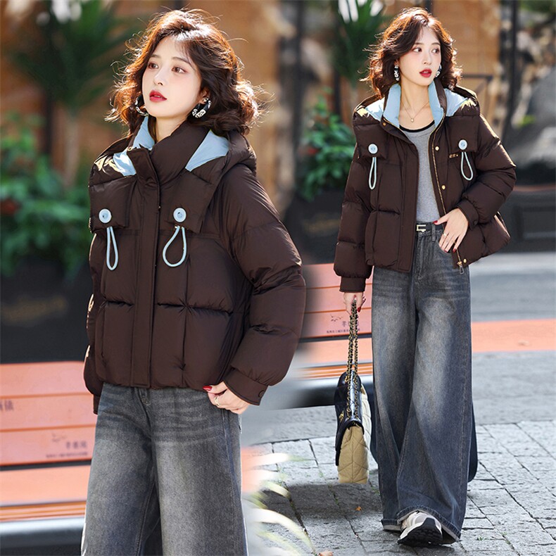 藏青色休闲连帽短款羽绒服女2025冬季新款宽松加厚保暖白鸭绒外套,女装羽绒服,歌伊格美